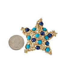 MANDLE Blue Floss Glass, Turquoise Glass Stone Cab Star Brooch Signed, L195