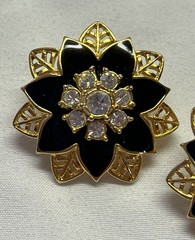 Vintage 90’s Avon Gold Tone Black Floral Pierced Earrings Rhinestones