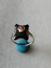 Antique Rare Memento Mori 14kt Yellow Gold, Diamonds,Rubies Stone Ring