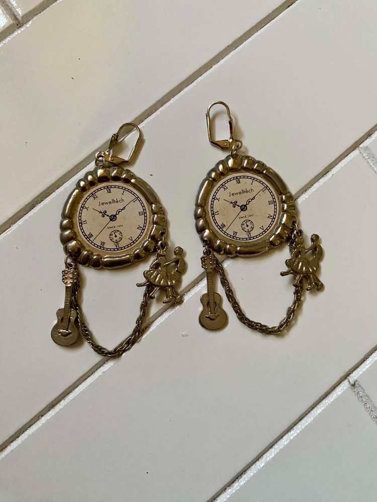 Vintage Jewelltech Watch Dangle Earrings | Music & Guitar Charm Retro Jewelry
