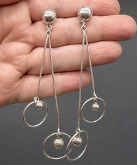 Vtg Sterling Silver 925 Long Modernist Dangle Earrings Abstract Spheres 4” Drop