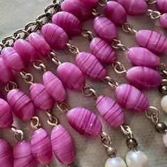 Vintage Pink Art Glass Faux Pearl Fringe Bib Statement Necklace Dramatic Runway
