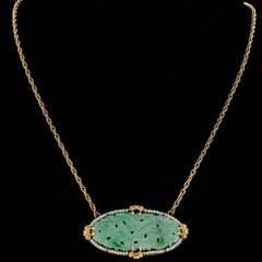 Vintage 1900s Carved Oval Jadeite Jade 56 Natural Pearl 14k Pendant 17 In Chain