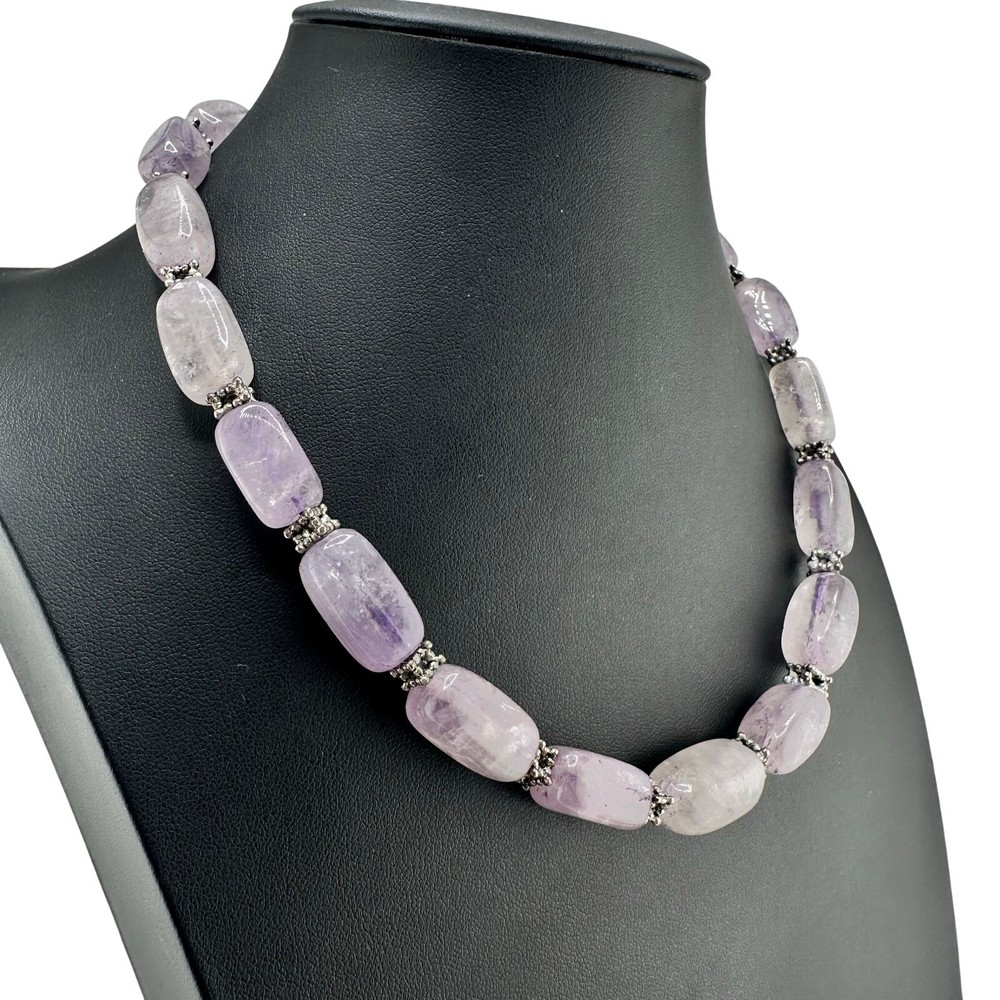 Boho Polished Amethyst Natural Stone Bali Beads Silver Tone 19″ Necklace