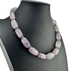 Boho Polished Amethyst Natural Stone Bali Beads Silver Tone 19″ Necklace