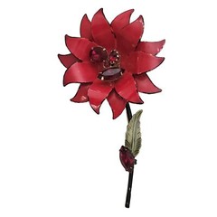 Francois Red Enamel Rhinestone Metal Stemmed Flower Brooch, Signed E957