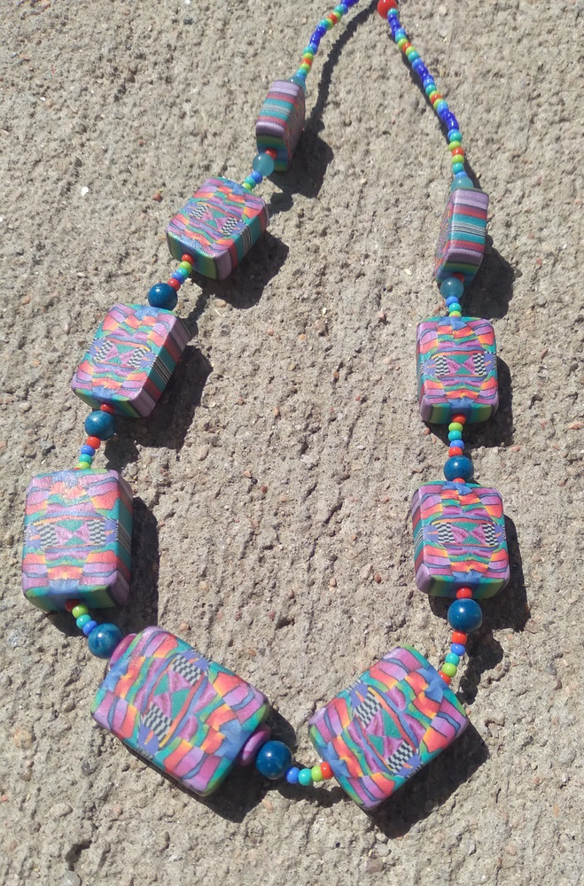 Vintage Polymer Clay Necklace 18in Blue Pink Purple Rectangle Beaded