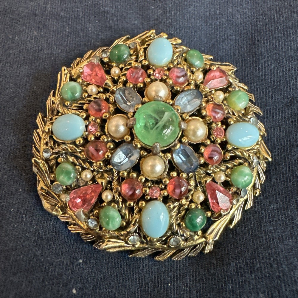 Vintage Signed HOLLYCRAFT Multicolor Cabochon Mughal Style Brooch