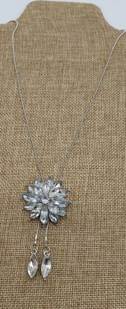 Clear Marquise Rhinestone Flower Silver Tone Lariat Slide Necklace Vintage