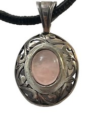 Jezlaine Rose Quartz Sterling Silver 925 Pendant Necklace on Black Cord Vintage