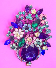 Gold Tone & Multicolor Rhinestones Flowers Bouquet Brooch Contemporary