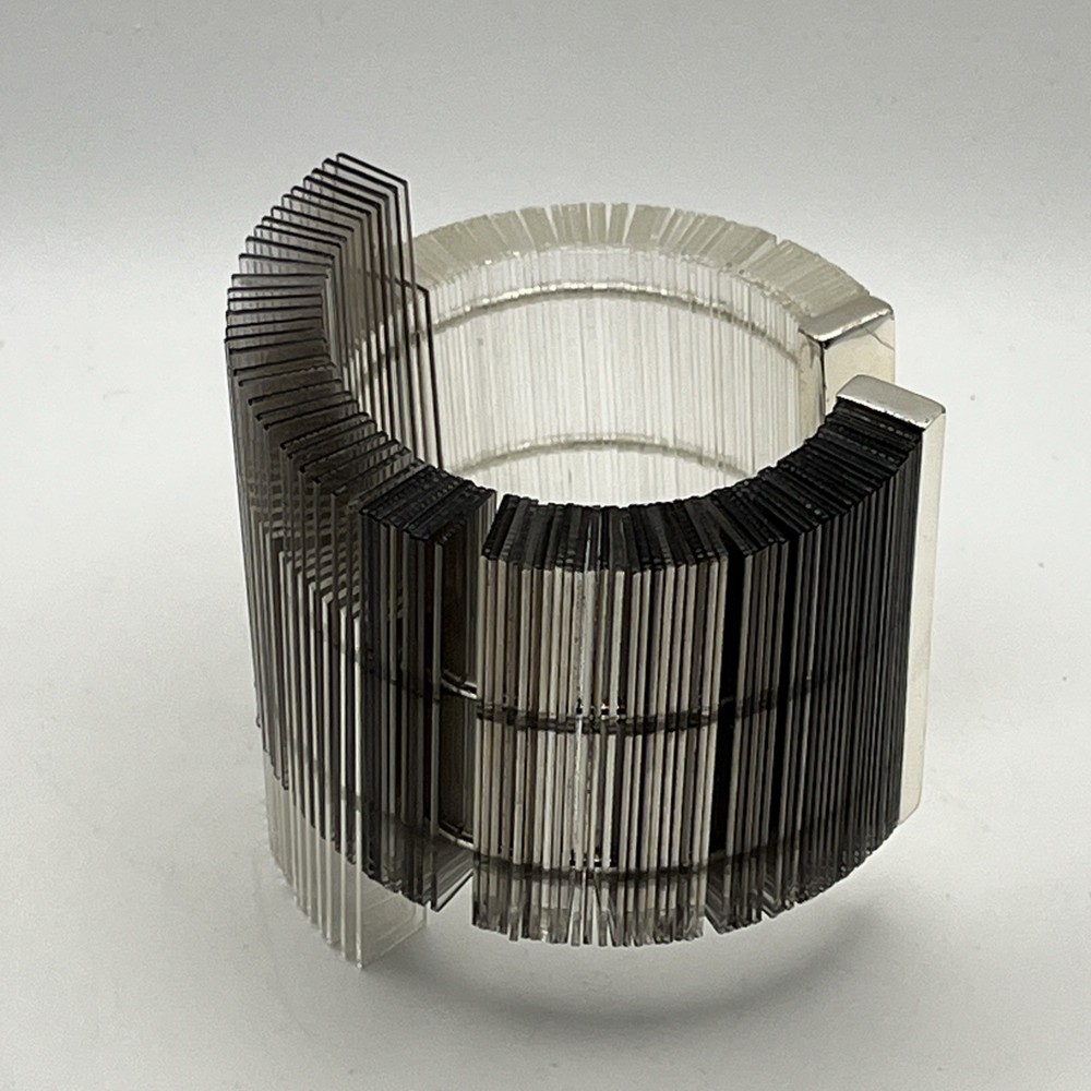 Sculptural Asymmetric Plexiglass Lucite Cuff Bracelet Ribbed Acrylic Art Deco