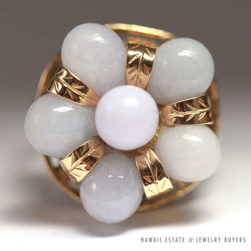 Ming’s Hawaii Lavender Jade 14K Yellow Gold Cluster Ring Size 5.75 w/ Box