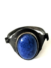 Vintage Blue Cabochon Plastic Glass Ring Dome Thin Metal Band 6.5
