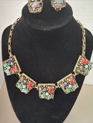Vintage Selro Selini Art Glass Cabachon Necklace & Earrings Set Beautiful EUC