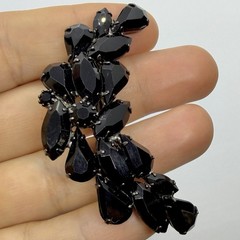 Vtg Jet Black Rhinestone Crescent Statement Gunmetal Brooch Marquise Teardrop