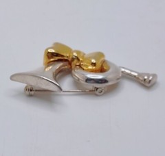 Vintage French Horn Bugle Brooch Instrument Music Silver Tone Gold Tone Bow