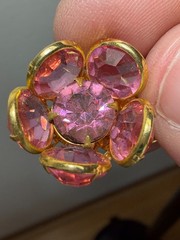 Vintage Pink Floral Rhinestone Clip Dangle Earrings Gold Tone Filigree Glamour