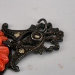 3.9g Czech Art Deco Coral Glass Floral Marcasite 925 Sterling Pendant 1.25in