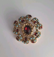 Vintage Goldette Brooch Pin Gold Alloy Turquoise & Garnet Faux Gemstones 1960s