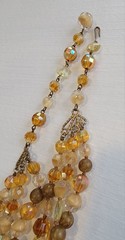 Vintage 3 Strand Necklace Amber, Gold, Pink 1940s-1950’s Glass Aurora Borealis