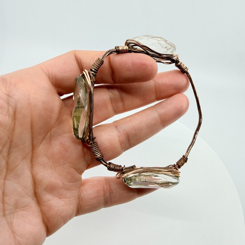 Hand Wired Copper Bangle with Clear Crystal Statement Stones Festival Jewelry