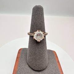 Vintage 90s Gold Tone Solitaire Ring Clear Round Glass Classic Fashion Jewelry
