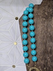 Double Strand Chunky Turquoise Color Blue Bead Necklace Gold Tone Dragon Pendant