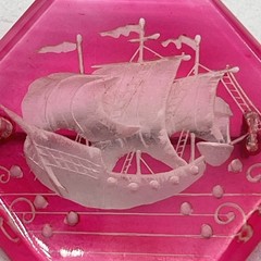 Vintage Intaglio Brooch Pink Lucite Sailing Ship Reverse Carved RARE