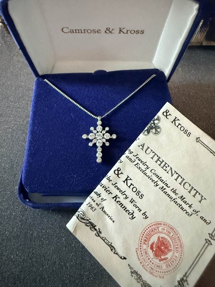 Camrose & Kross CZ Silvertone Cross Necklace JBK Chain COA Jacqueline B Kennedy