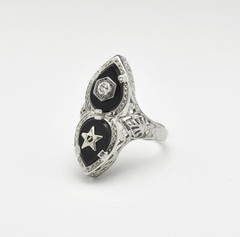 ANTIQUE BELAIS 14K White Gold FILIGREE DIAMOND ONYX RING – size 4