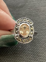 Vintage Silver Tone Cocktail Ring champagne-colored stone Size 9.75