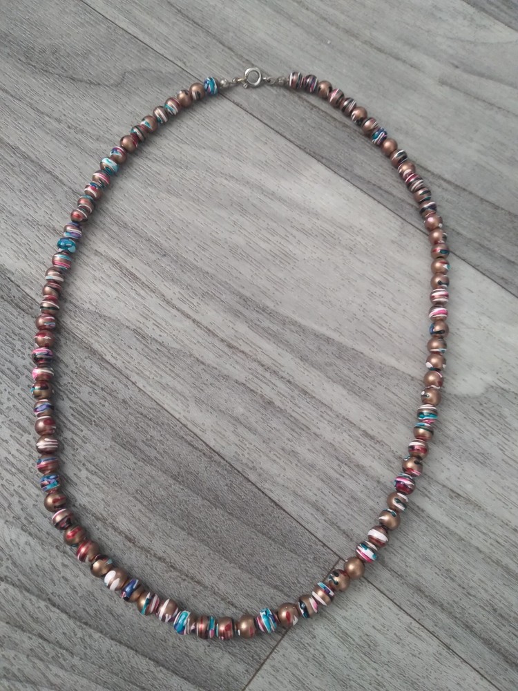 Art Deco Painted Swirl Gold Pearl Necklace 18 inches Grannycore Hippy Vintage