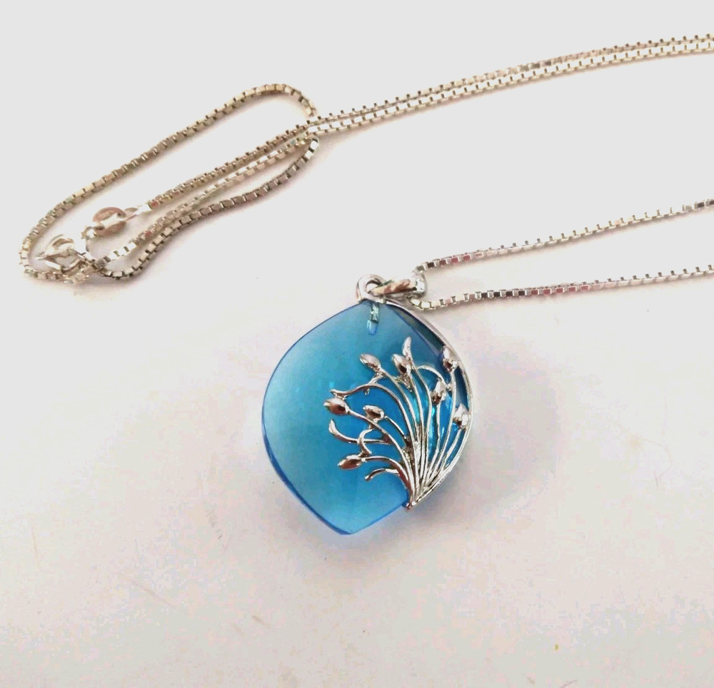 Vintage Blue Glass Necklace Sterling Silver 925 Silver Overlay