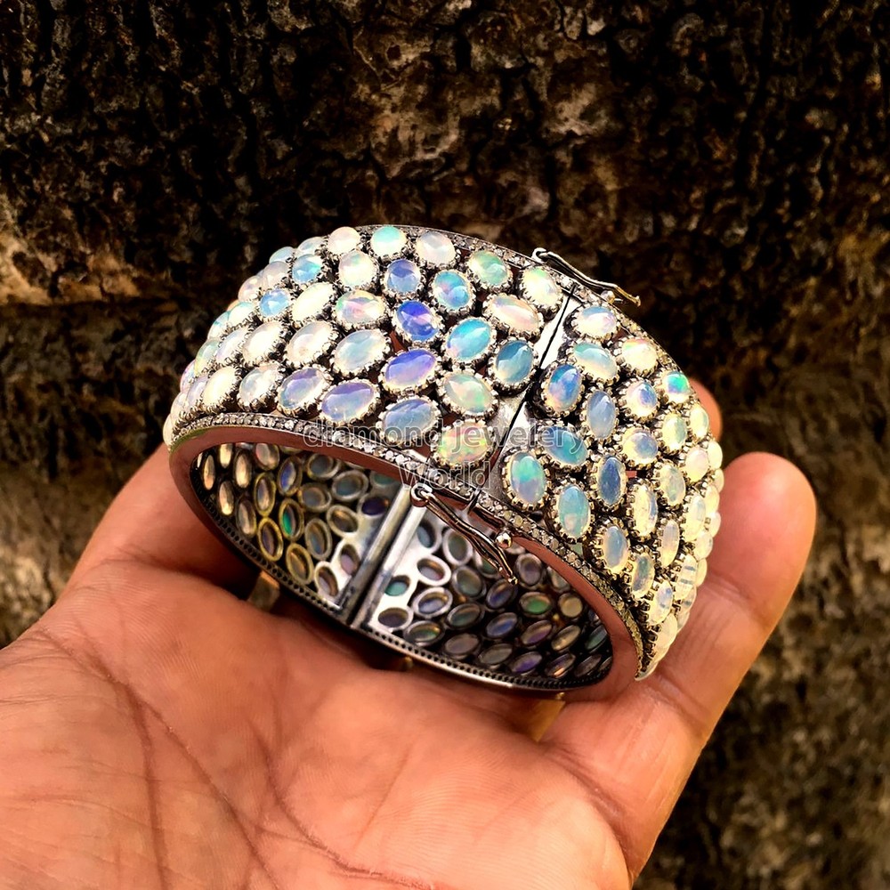 Stunning 3.51ctw Rose Cut Diamond Opal Studded Silver Victorian Bangle Bracelets