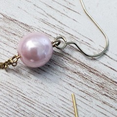 Vintage Earrings For Pierced Ears – Long Pink/Peach Faux Pearl Dangle