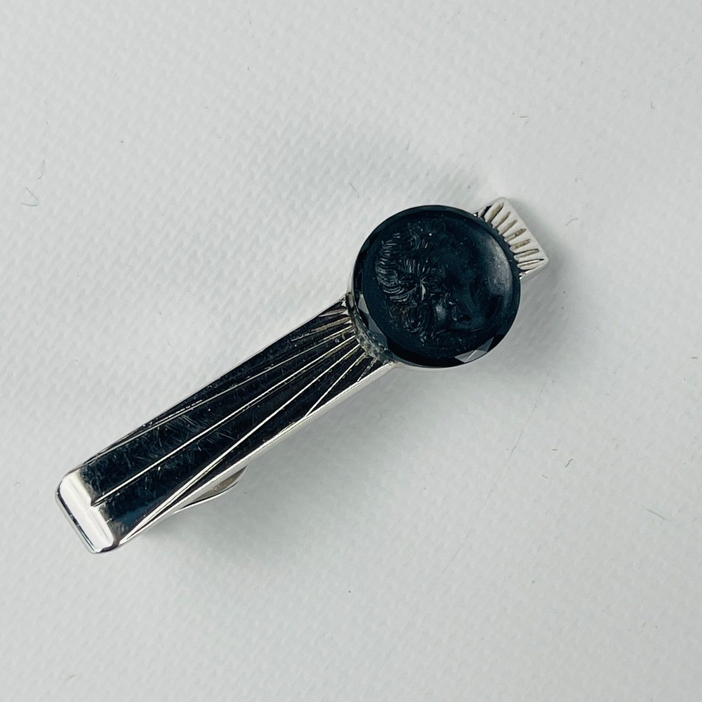 Vintage Black Cameo Head Silver Tie Bar Clasp 1 5/8”
