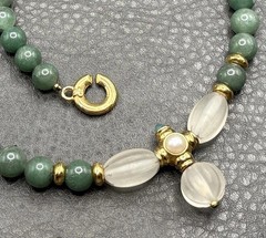 Francesca Romano Etruscan Style Green Stone & Molded Glass Beaded Necklace 19”