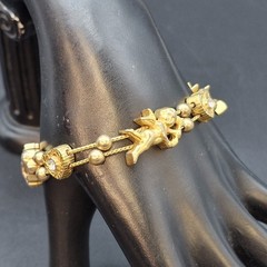 Vintage Victorian Style Gold Tone Cupid Cherub Heart Slide Bracelet 7″