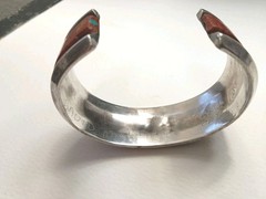 Vintage Sterling Silver Red Coral Turquoise Cuff Signed by D. Nightengale 1970s