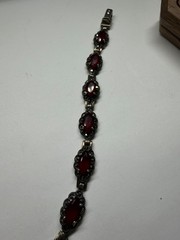 Vintage 925 Sterling Silver Marcasite Faux Ruby Glass Link Bracelet 14g H4