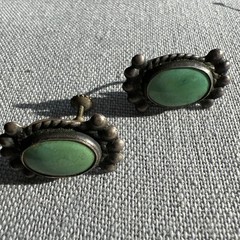 Vintage Turquoise & Silver Metal Earrings; Beautiful Shade of Turquoise / Green