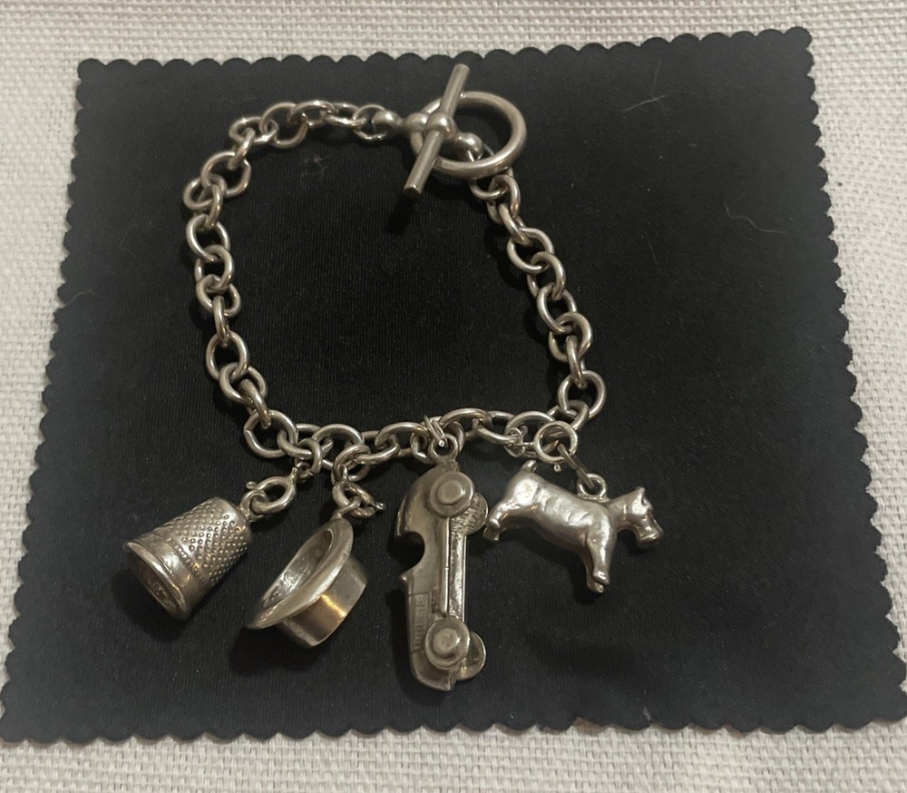 Vintage Estate 925 Sterling Silver Link Charm Bracelet 4 Charms Dog Car Hat 30g