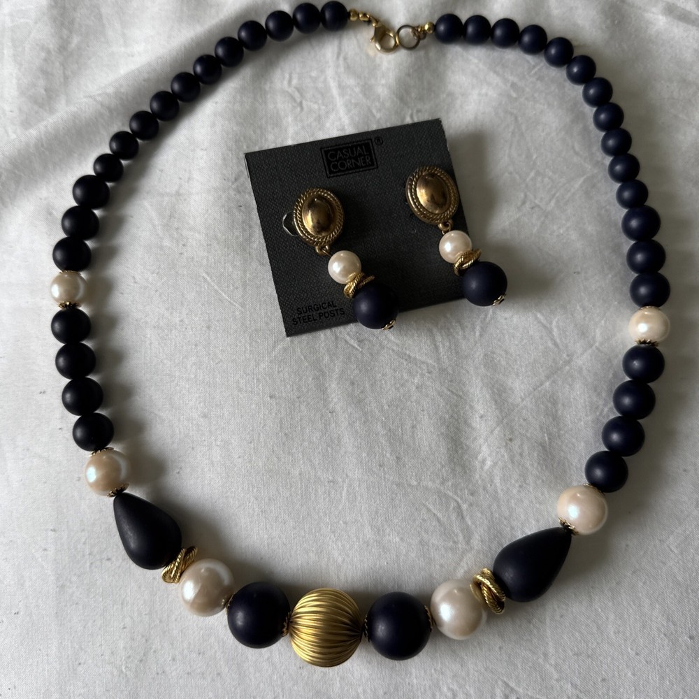Vintage Blue White And Gold Tone Beaded Necklace And Earrings From Casual Corner