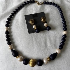 Vintage Blue White And Gold Tone Beaded Necklace And Earrings From Casual Corner
