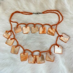 Vtg Geometric Necklace Mother of Pearl Orange Dyed Art to Wear Beachy Boho 13827