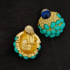 Vintage Trifari Turquoise Flower Brooch & Earrings Set Gold Tone VTG