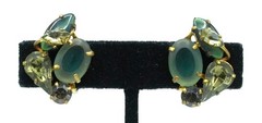 Vintage West Germany Earrings Shades of Green Rhinestones Blue Signed Jewelry