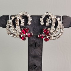 Vintage Hattie Carnegie Rhinestone Clip On Earrings Red Silver Tone Swirl 1 1/8″