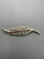Vintage Sterling Silver Marcasite Red Garnet Leaf Brooch Pin 8 Grams B18